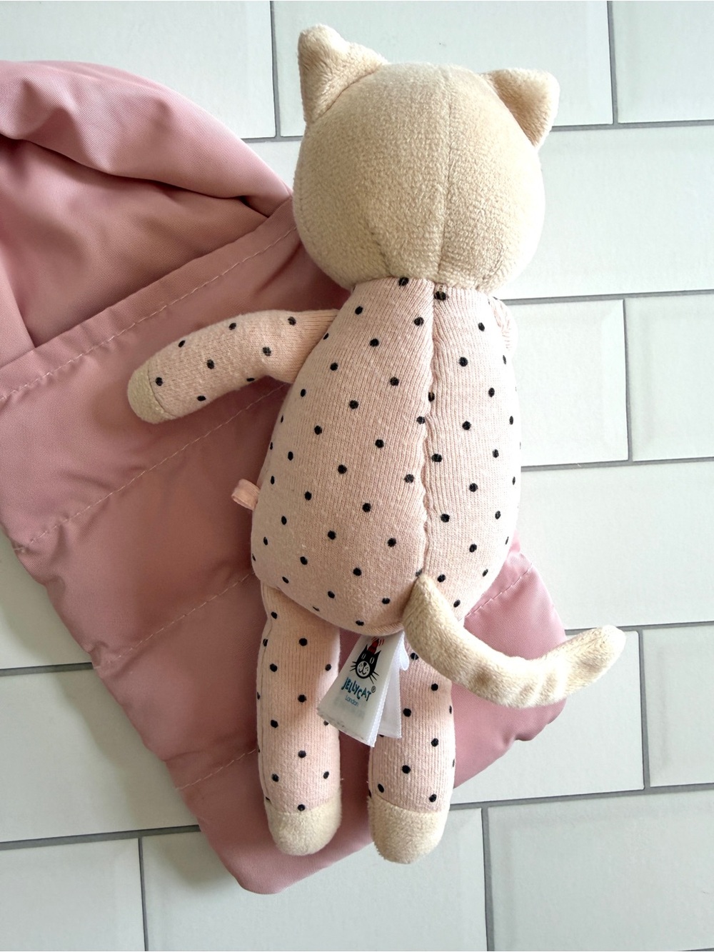 🐱 *Retired* JellyCat Snuggler Cat Pink Polka Dot w/ Sleeping Bag Soft Knit Toy - Picture 5 of 6